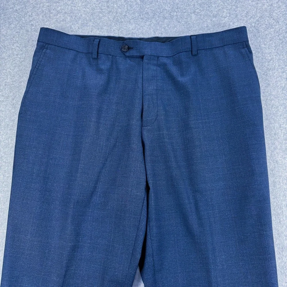 Spier & Mackay Dress Pants Mens 38x32 Blue Check Wool Flat Front Office Classic